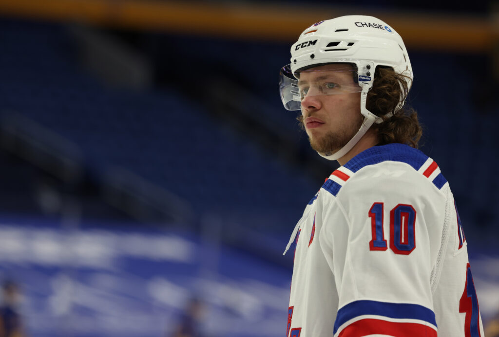 Apr 1, 2021; Buffalo, New York, USA; New York Rangers left wing Artemi Panarin (10) on the ice for warmups before a game against the Buffalo Sabres at KeyBank Center. Mandatory Credit: Timothy T. Ludwig-USA TODAY Sports