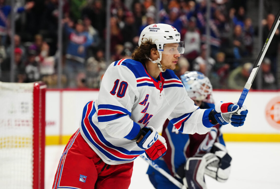 New York Rangers left wing Artemi Panarin (10) celebrates after