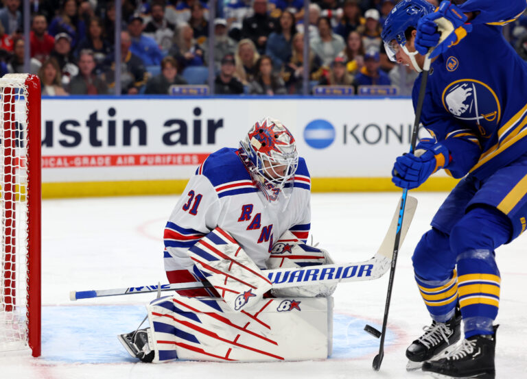 Igor Shesterkin of the New York Rangers looks on during during the